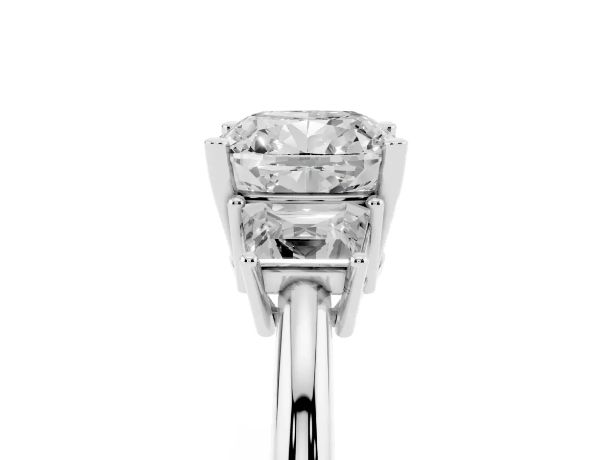 Cushion Cut Diamond Three-Stone Ring with Trapezoid Side Stones and Prong Setting Silver