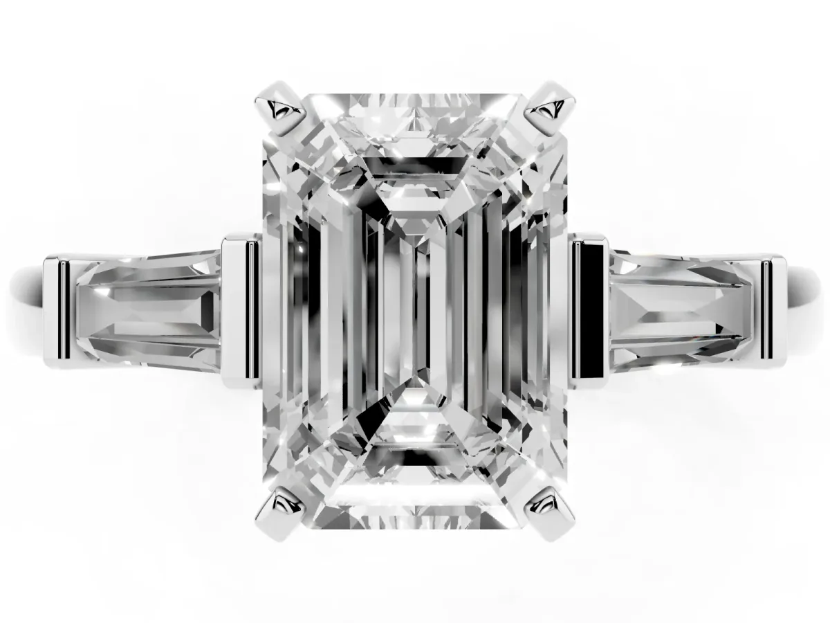 Emerald Cut Cut Diamond Solitaire Ring with Tapered Baguette Accents and Four-Prong Setting Silver