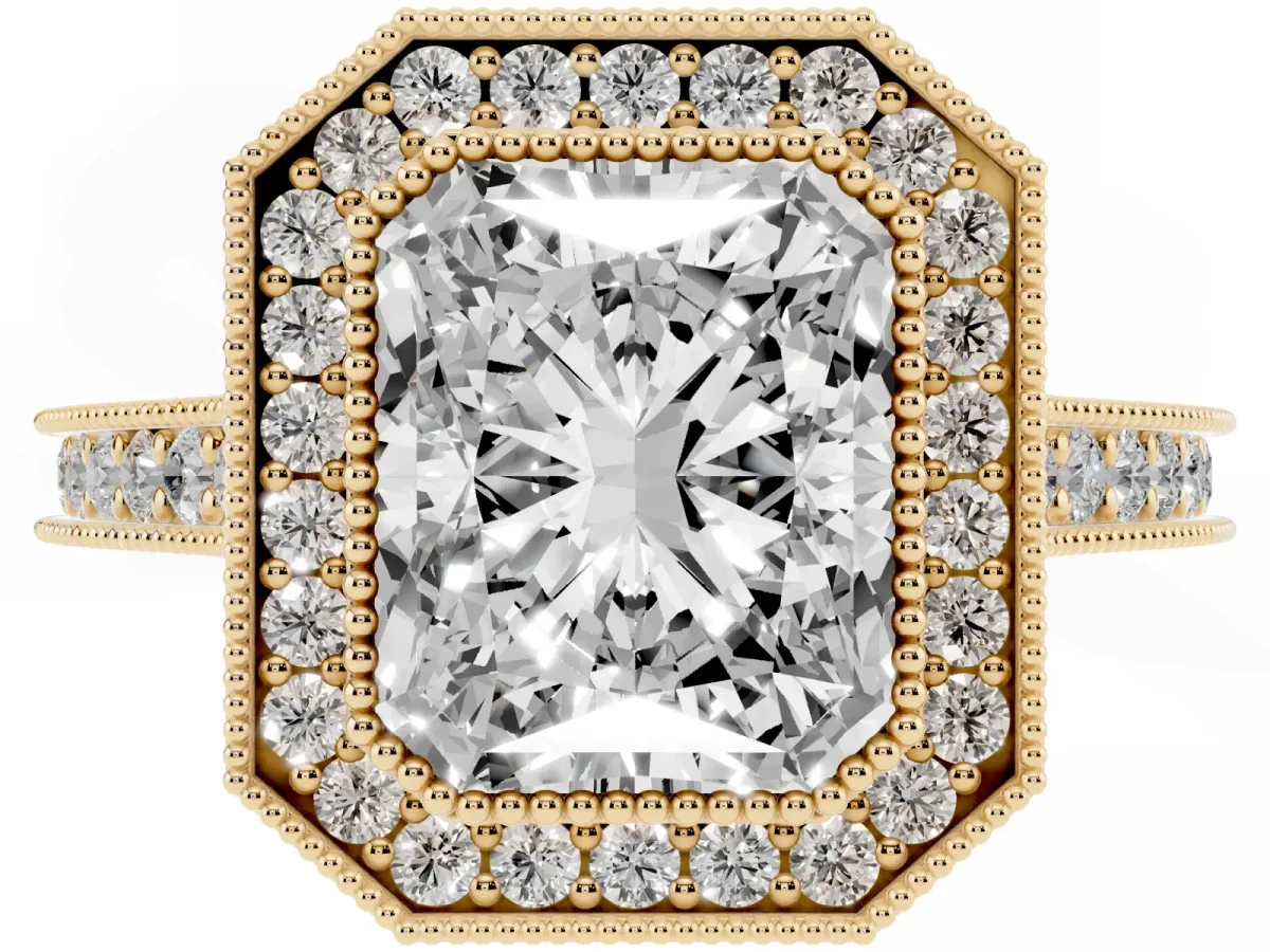 Halo Radiant Cut-Cut Diamond Pave Band Milgrain Prong Setting Ring Yellow gold