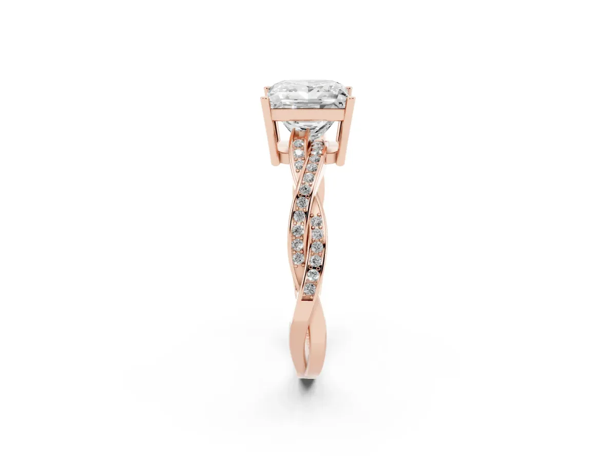 Princess Cut Solitaire Twisted Pave Diamond Ring with Four-Prong Setting Rose gold