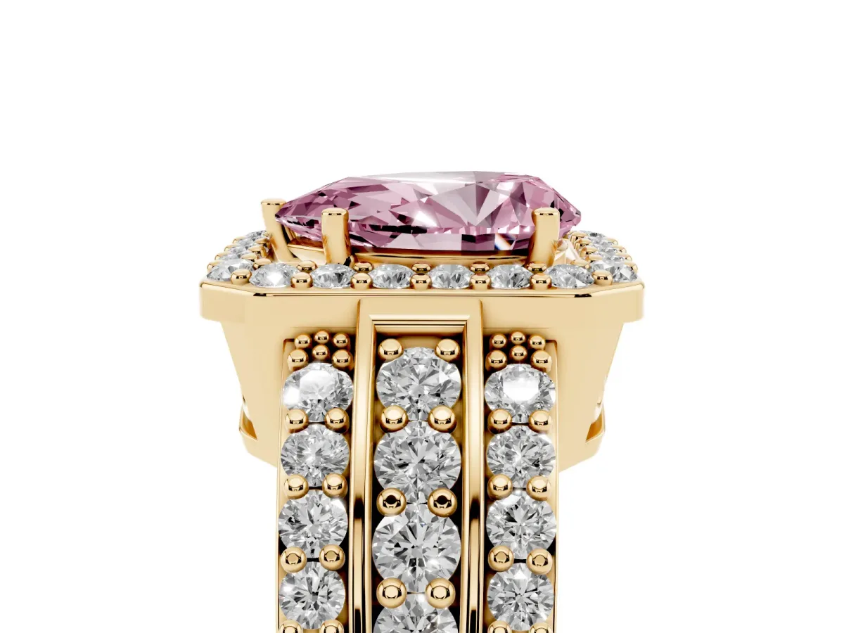 Fancy Pink Pear Cut Halo Diamond Ring with Round Split Shank and Prong Setting Yellow gold