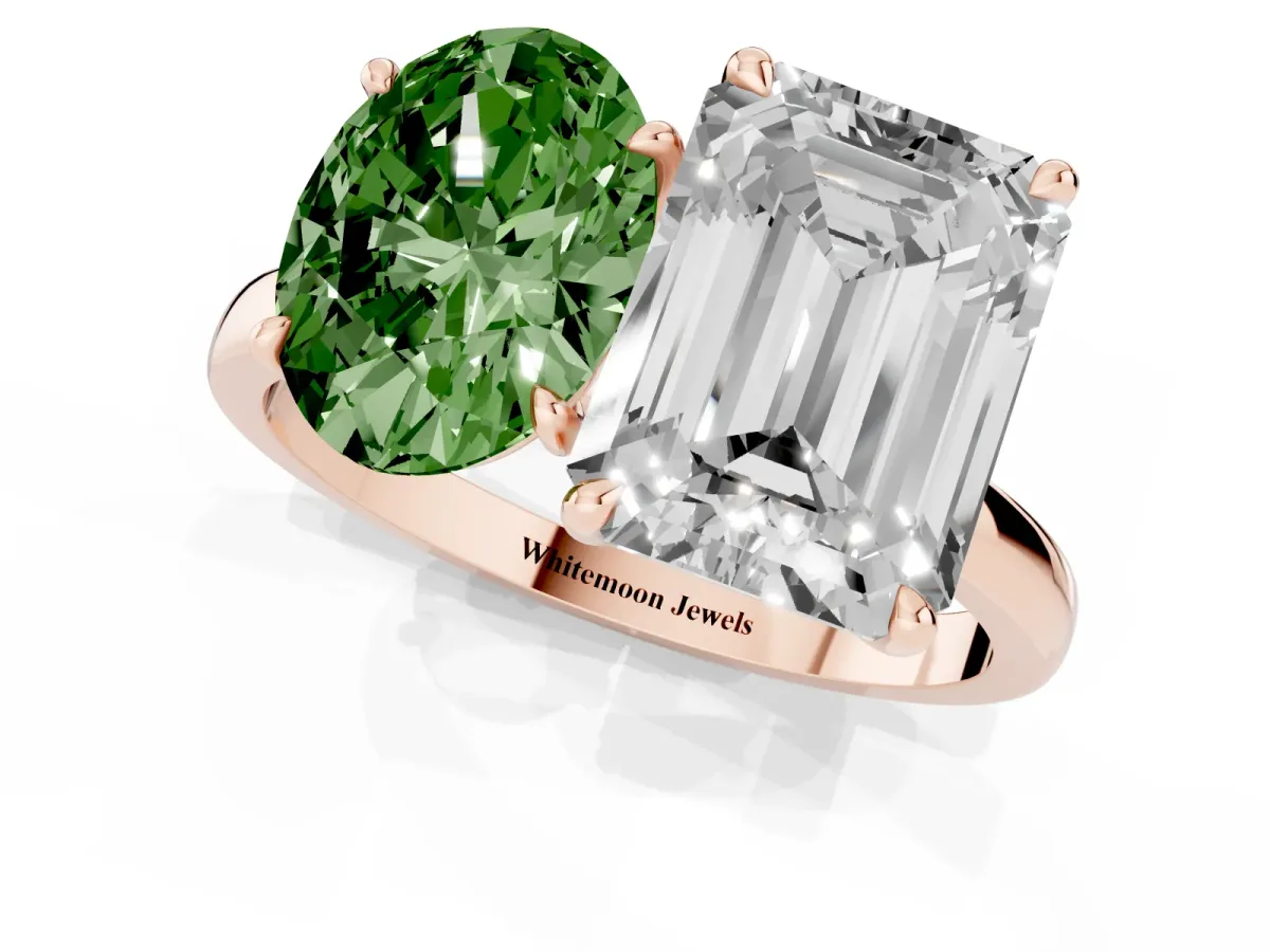 Fancy Green Oval Cut and Emerald Cut Toi Moi Ring with Prong Setting Rose gold