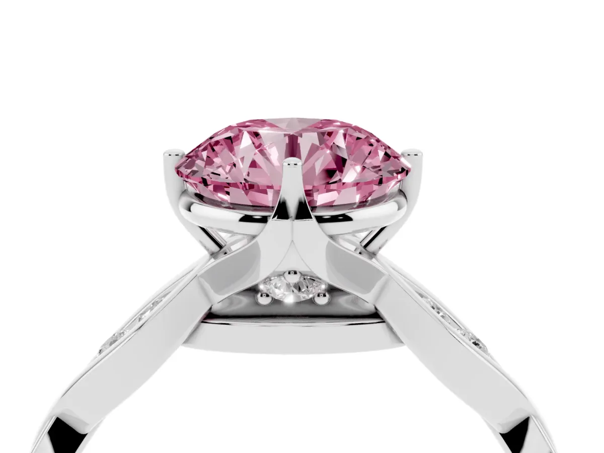 Fancy Pink Round Cut Solitaire Twist Band with Leaf Prong Setting White gold