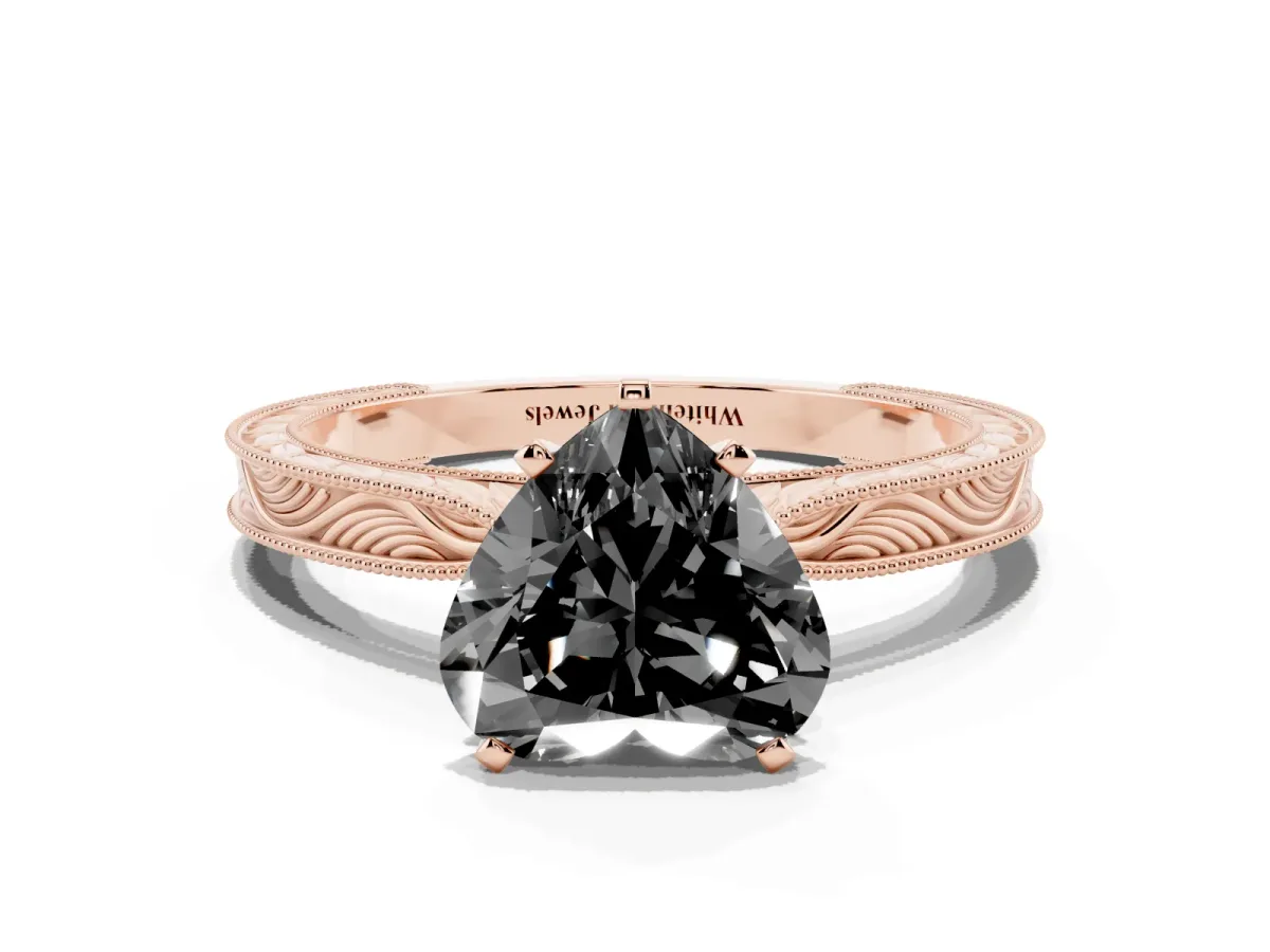 Fancy Black Heart Cut Solitaire Milgrain Engraved Band with Four-Prong Setting Rose gold
