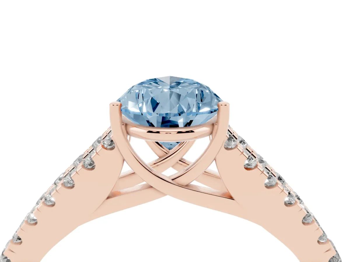 Fancy Blue Pear Cut Diamond Split Shank Pavé Engagement Ring with Four-Prong Setting Rose gold
