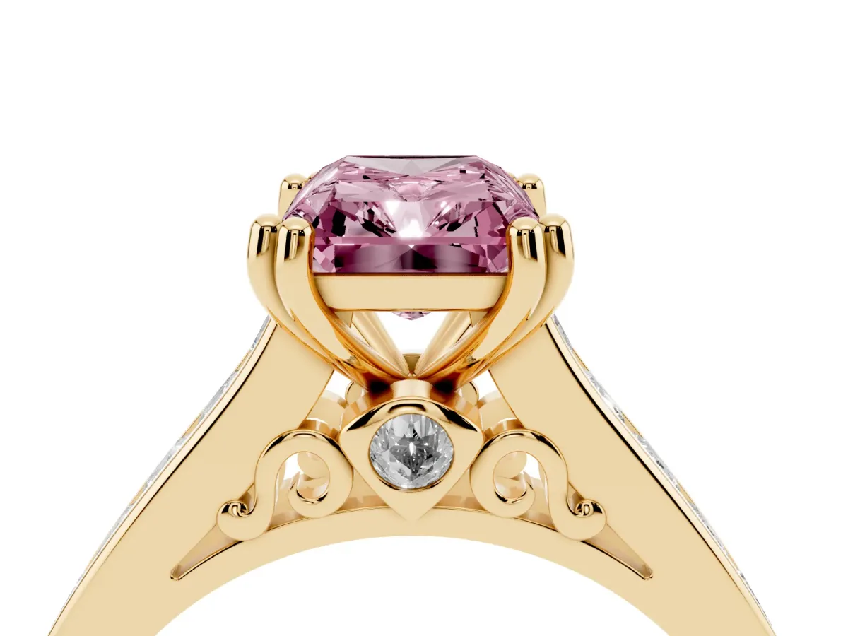 Fancy Pink Radiant Cut Cut Channel Set Solitaire Engagement Ring with Prong Setting Yellow gold