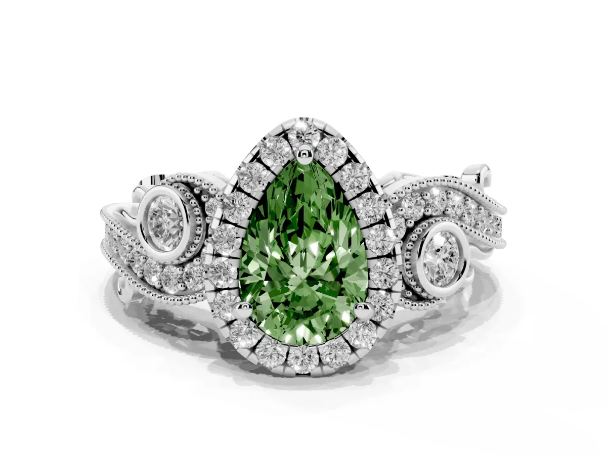 Fancy Green Pear Cut Diamond Halo Ring with Milgrain Pavé Band and Four-Prong Setting Platinum