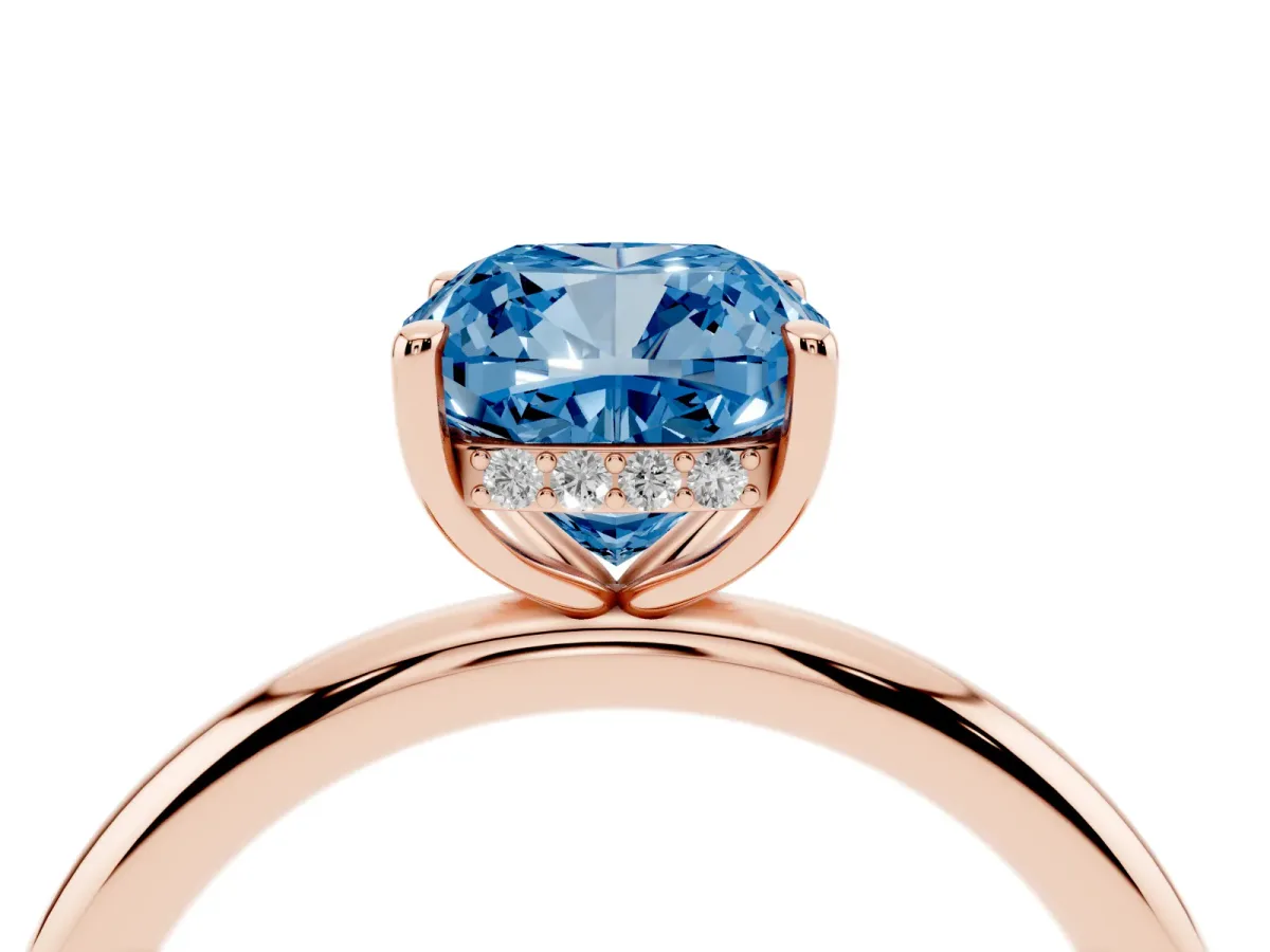 Fancy Blue Cushion Cut Diamond Solitaire Ring with Thin Band and Four-Prong Setting Rose gold
