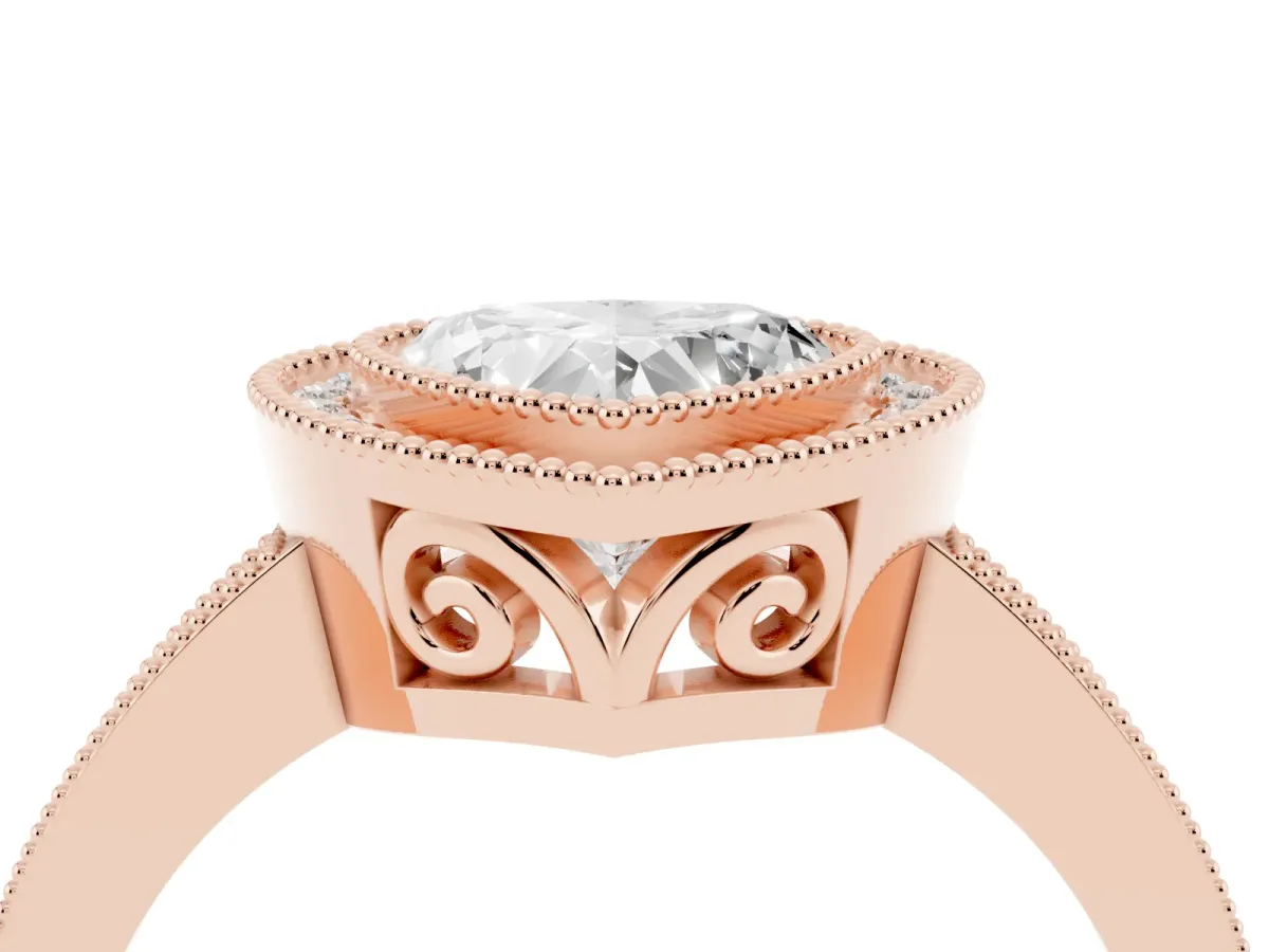 Heart Cut Cut Halo Diamond Ring with Pavé Band and Milgrain Prong Setting Rose gold