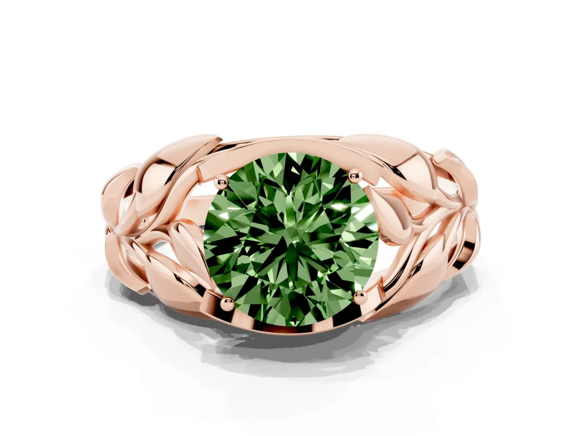 Fancy Green Round Cut Diamond Leaf-Inspired Engagement Ring with Round Accents and Prong Setting Rose gold