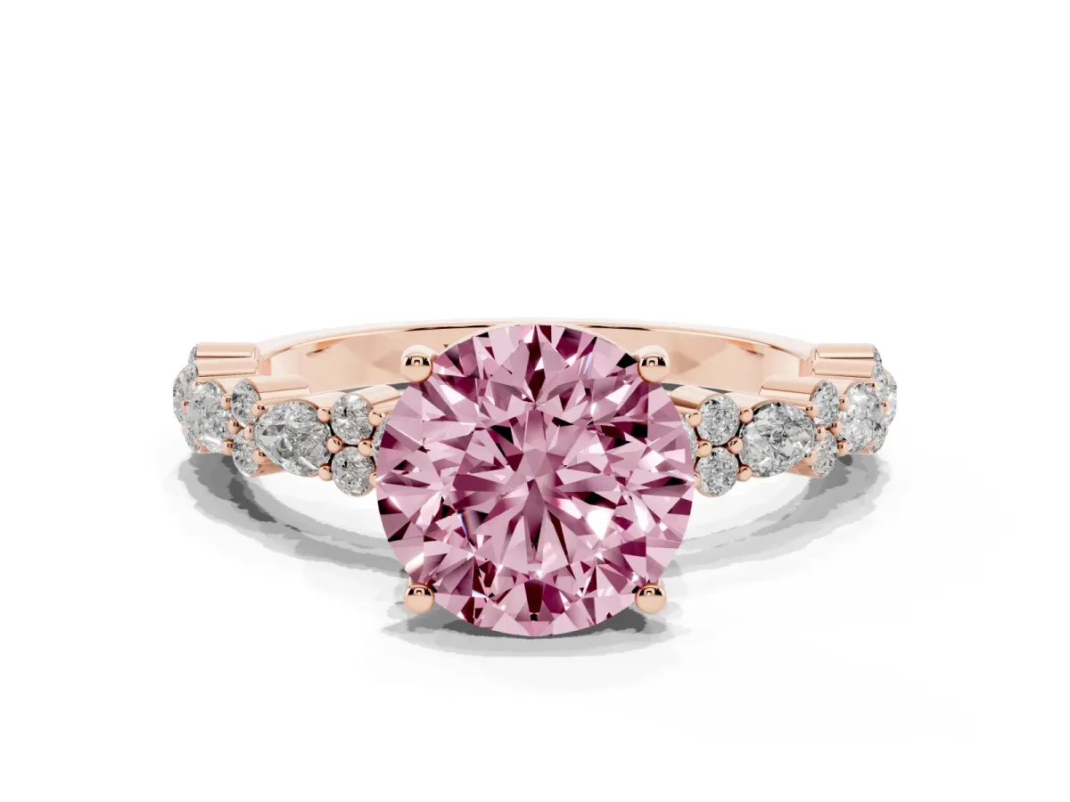 Fancy Pink Round Cut Diamond Side Stone Solitaire Ring with Round and Four-Prong Setting Rose gold