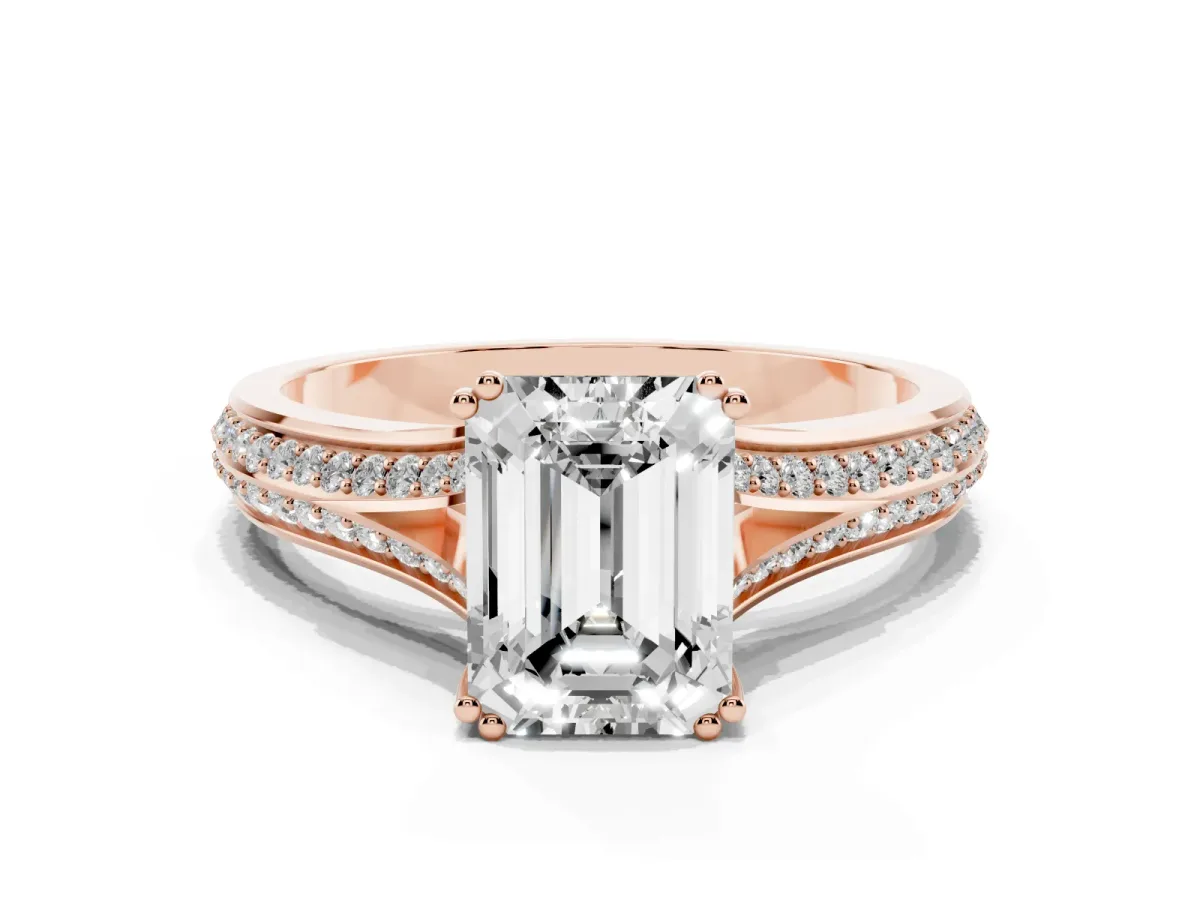 Emerald Cut Diamond Split Shank Engagement Ring with Pavé Band Rose gold