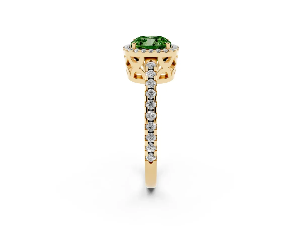 Fancy Green Cushion Cut Diamond Halo Engagement Ring with Pavé Band and Prong Setting Yellow gold