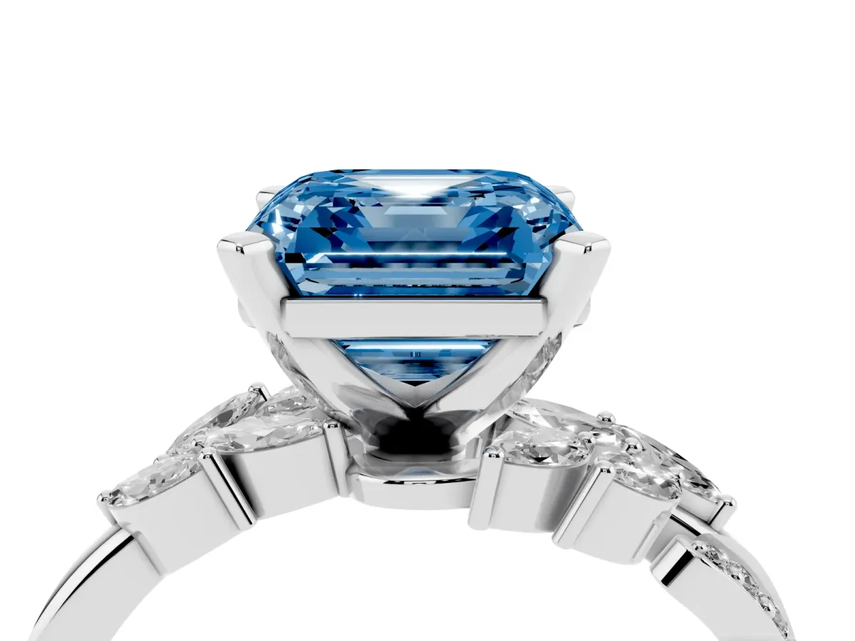 Fancy Blue Asscher Cut Solitaire Marquise Twist Band with Six-Prong Setting Silver