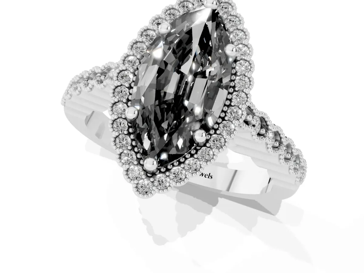 Fancy Black Marquise Cut Cut Halo Pavé Solitaire Ring with Milgrain Band White gold