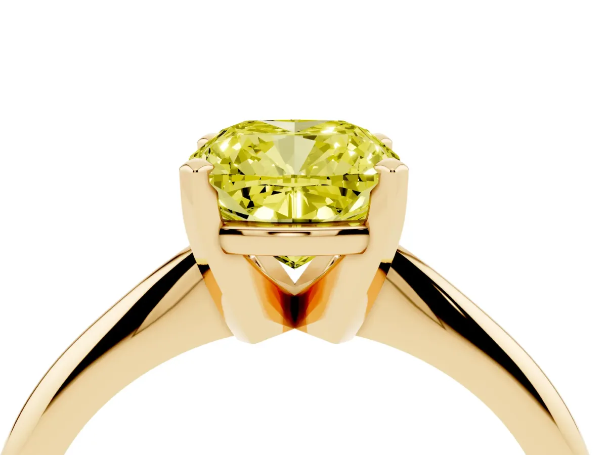 Fancy Yellow Cushion Cut Cut Solitaire Ring with Four-Prong Setting on a Classic Band Yellow gold
