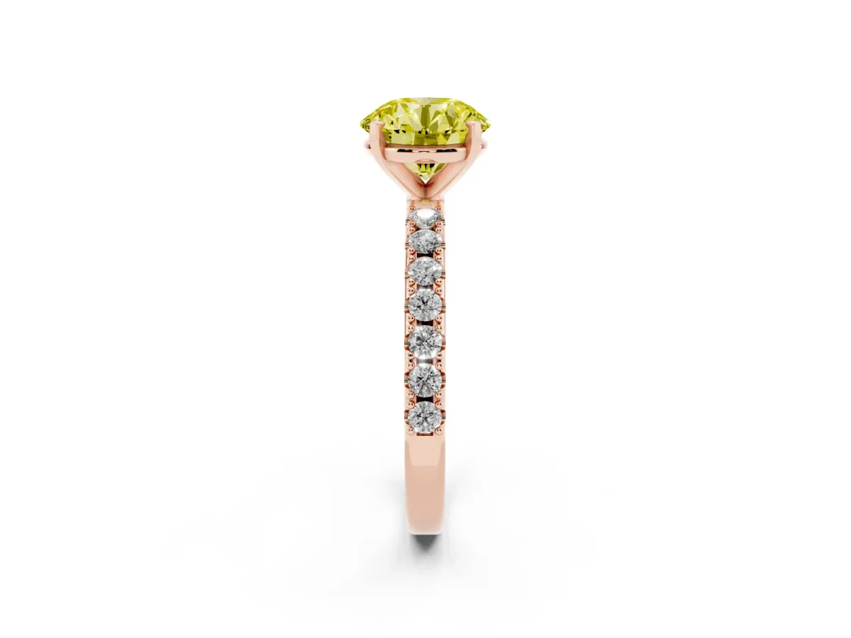 Fancy Yellow Round Cut Diamond Solitaire Pavé Band with Four-Prong Setting Rose gold