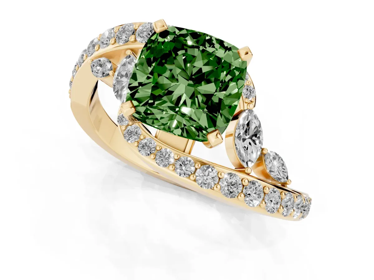 Fancy Green Cushion Cut Solitaire with Pavé Twist Band and Four-Prong Setting Yellow gold