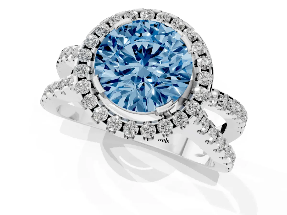 Fancy Blue Round Cut Diamond Halo Ring with Split Shank Pavé Band and Prong Setting Silver