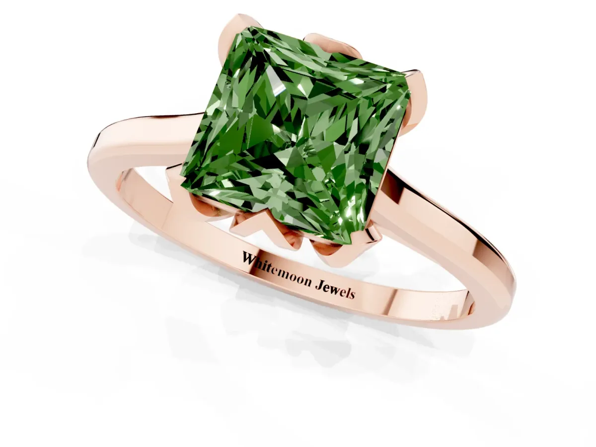 Fancy Green Princess Cut Diamond Solitaire Ring with Flower Prong Setting and Classic Band Rose gold
