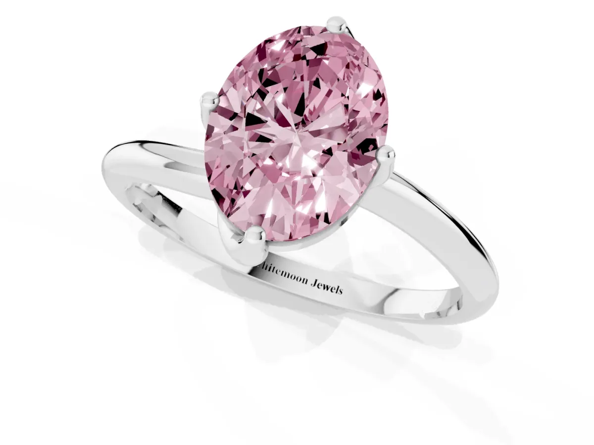 Fancy Pink Oval Cut Diamond Solitaire Engagement Ring with Four-Prong Setting and Classic Band White gold