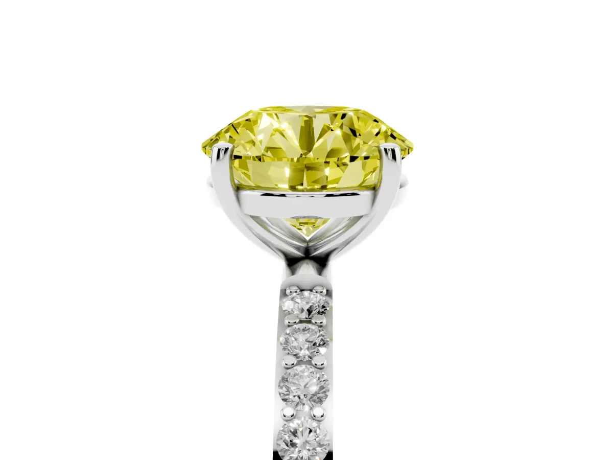 Fancy Yellow Round Cut Diamond Solitaire Ring with Round Pavé Shoulders and Prong Setting Silver
