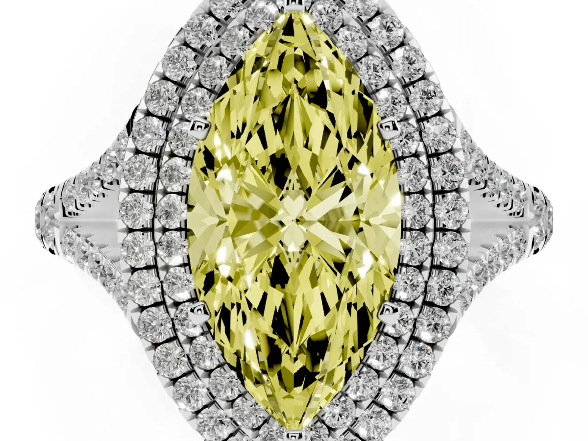 Fancy Yellow Marquise Cut Cut Double Halo Split Shank Diamond Ring with Prong Setting Silver