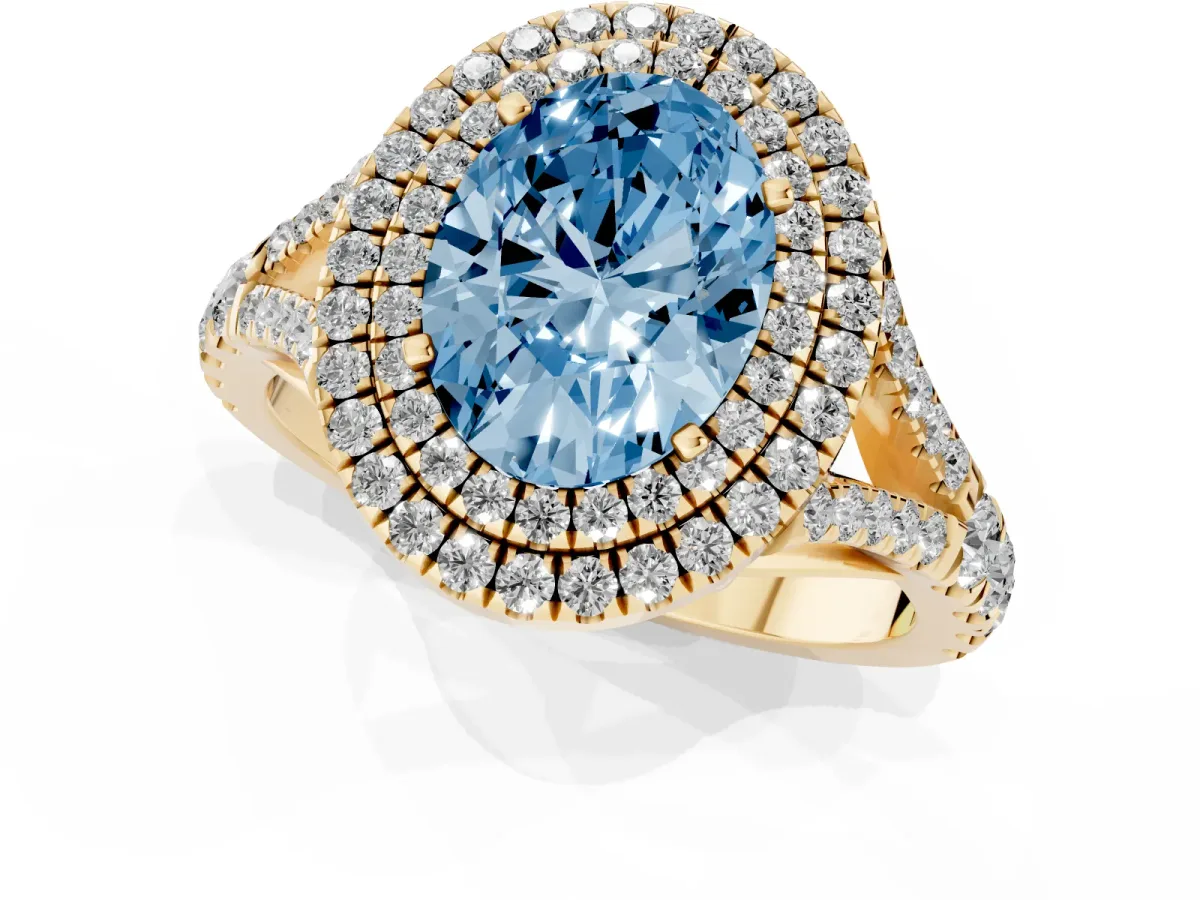 Fancy Blue Oval Cut Diamond Pavé Split Shank Double Halo Engagement Ring Yellow gold