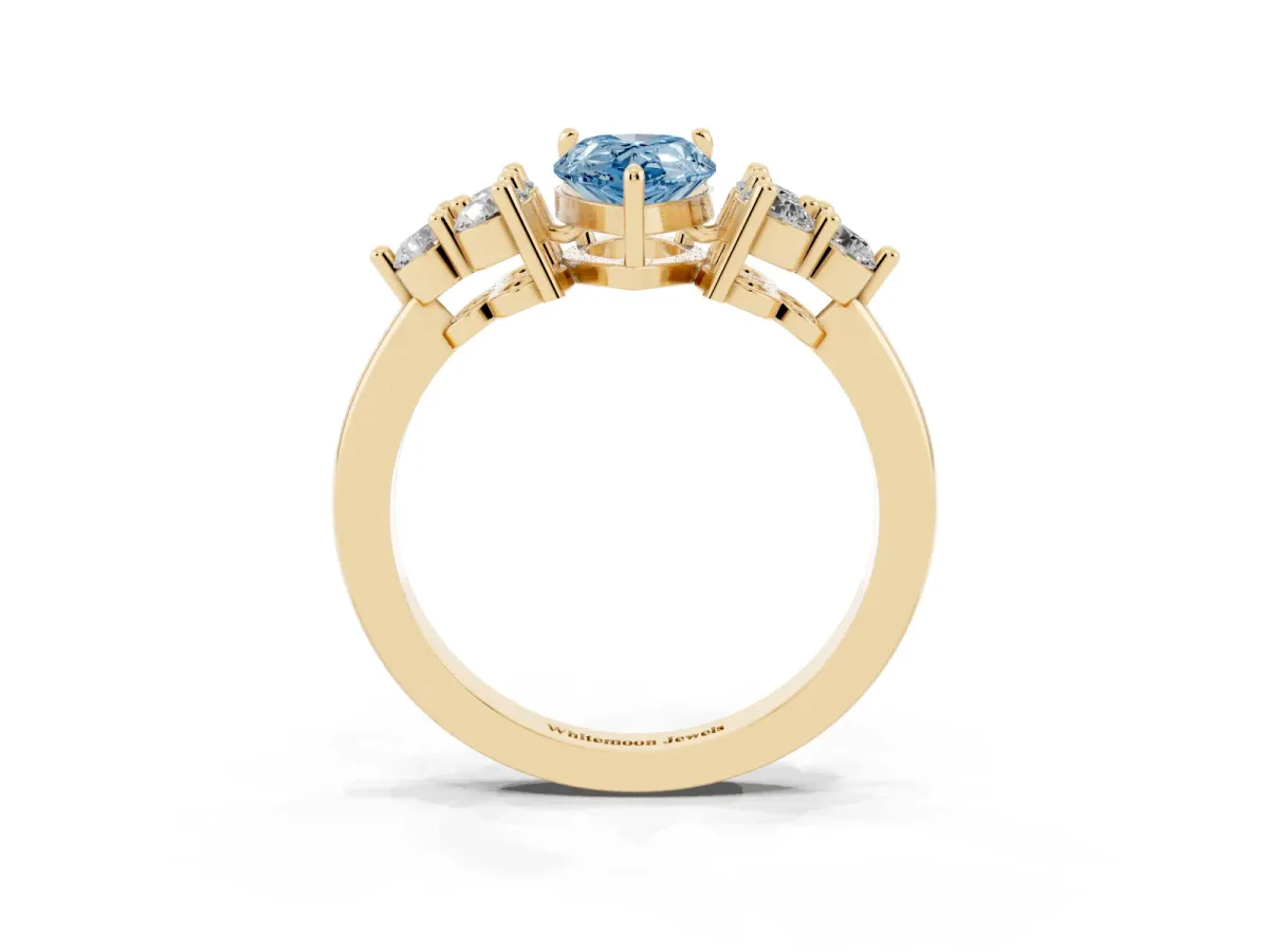 Fancy Blue Pear Cut Brilliant Diamond Cluster Accent Solitaire Ring with Prong Setting Yellow gold