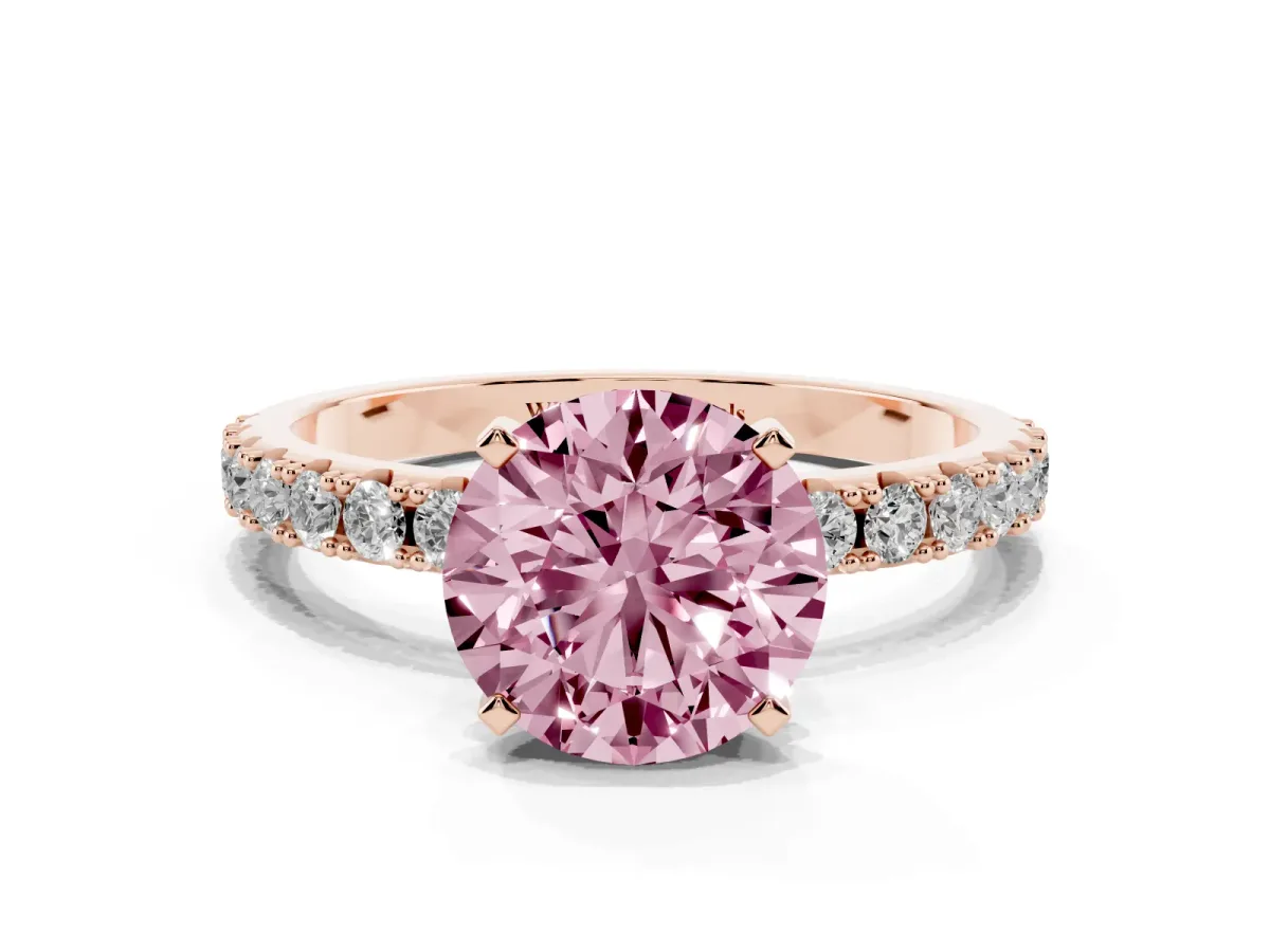 Fancy Pink Round Cut Diamond Solitaire Pavé Band with Four-Prong Setting Rose gold