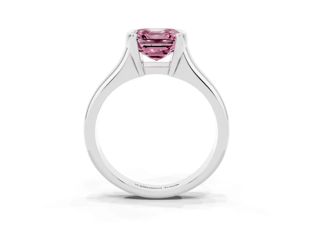 Fancy Pink Asscher Cut Solitaire Tension Set Diamond Ring with Split Shank Band Platinum