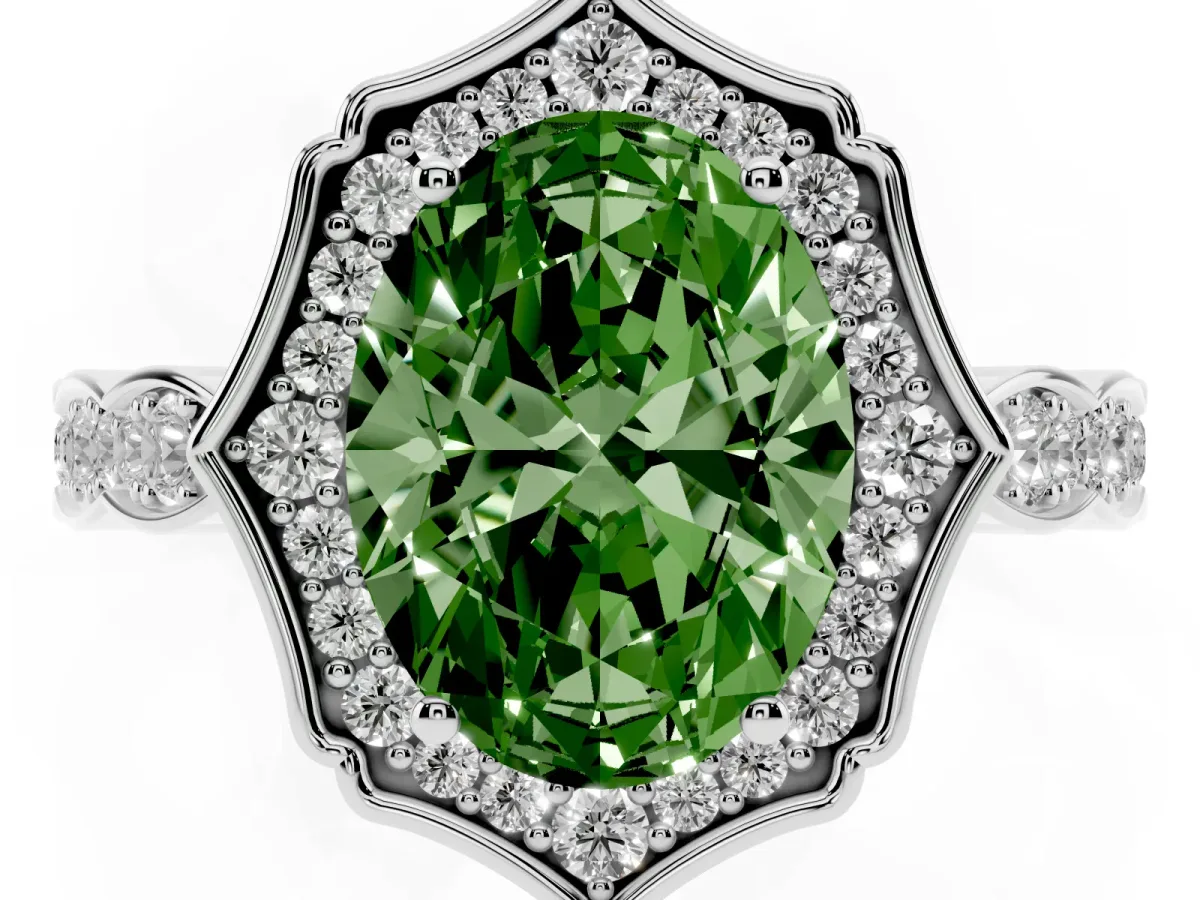 Fancy Green Oval Cut Halo Diamond Engagement Ring with Milgrain Band and Four-Prong Setting Platinum