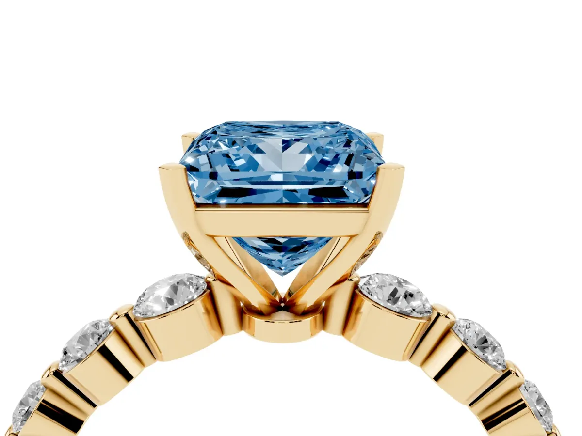 Fancy Blue Princess Cut Solitaire Diamond Ring with Pave Band and Four-Prong Setting Yellow gold