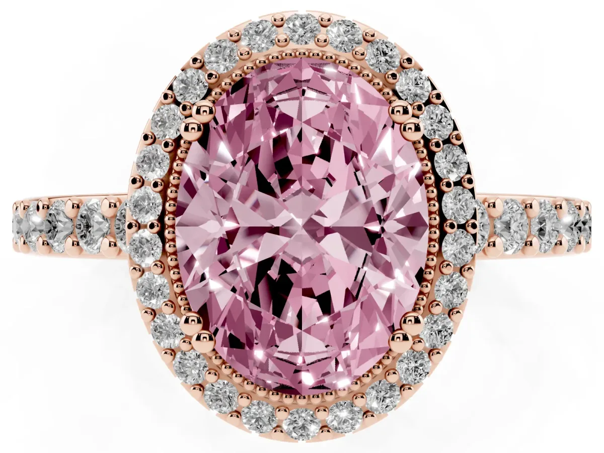 Fancy Pink Oval Cut Cut Diamond Halo Engagement Ring with Milgrain Detail and Pavé Band Rose gold
