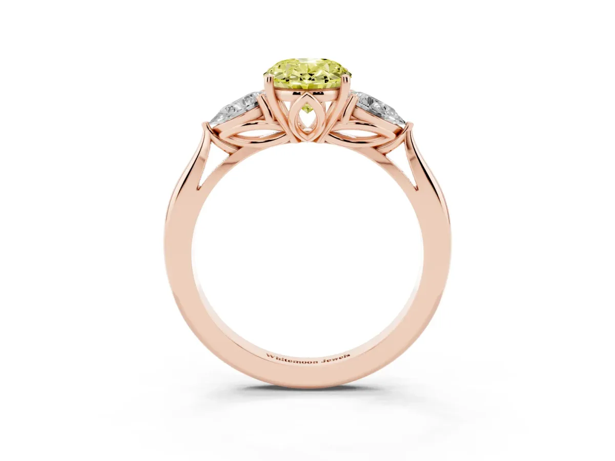 Fancy Yellow Three-Stone Oval Cut Diamond Ring with Pear Side Stones in Four-Prong Setting Rose gold