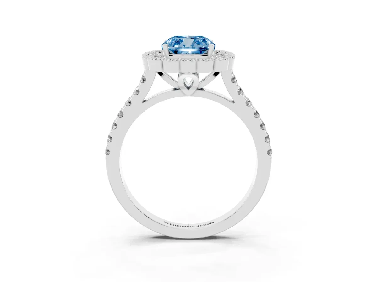 Fancy Blue Cushion Cut Cut Diamond Milgrain Floral Halo Engagement Ring with Pavé Band Platinum