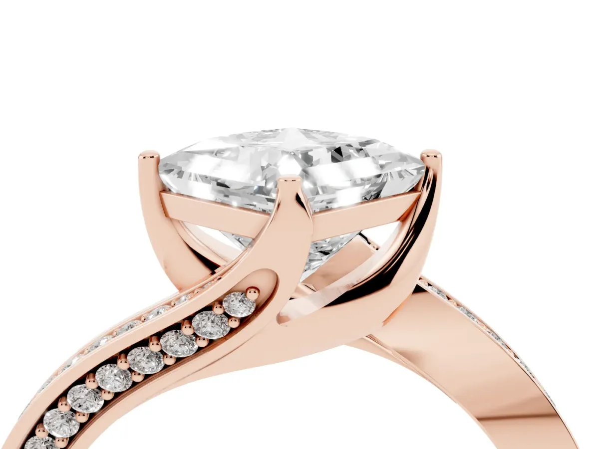 Princess Cut Solitaire Diamond Twist Band with Pavé Setting and Four-Prong Setting Rose gold