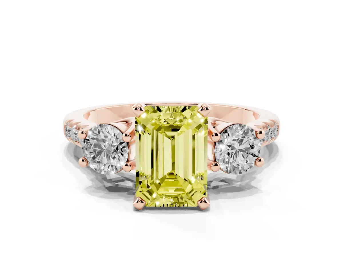 Fancy Yellow Three-Stone Emerald Cut Diamond Pavé Band with Four-Prong Setting Rose gold