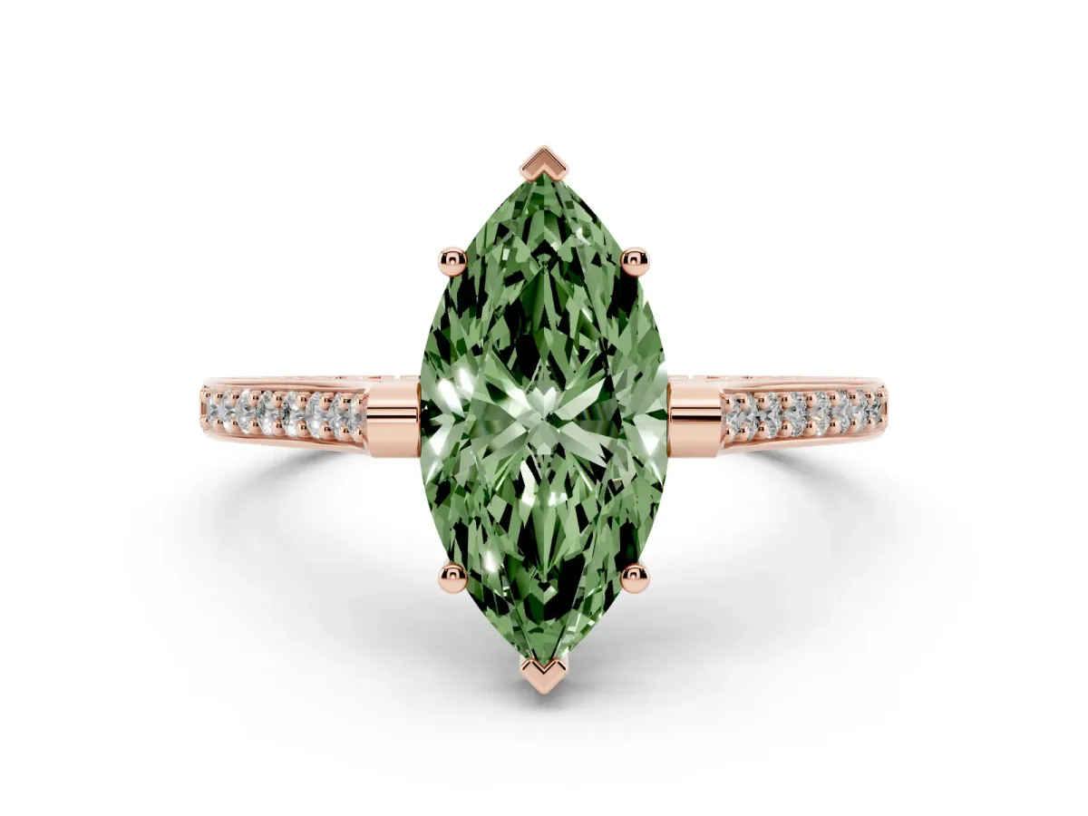 Fancy Green Marquise Cut Solitaire Diamond Ring with Channel Set Band and Bezel Prong Setting Rose gold