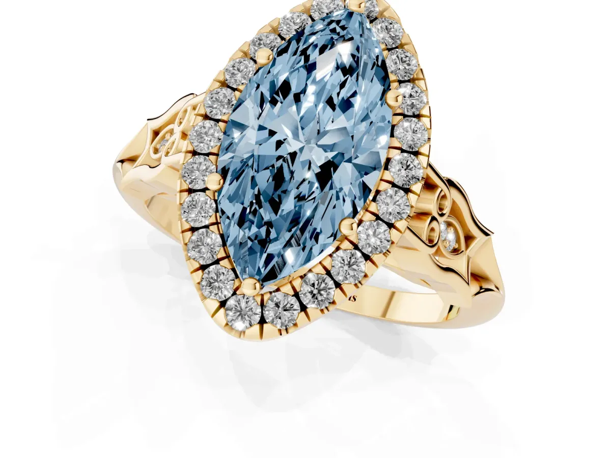 Fancy Blue Marquise Cut Halo Diamond Engagement Ring with Filigree Band and Four-Prong Setting Yellow gold