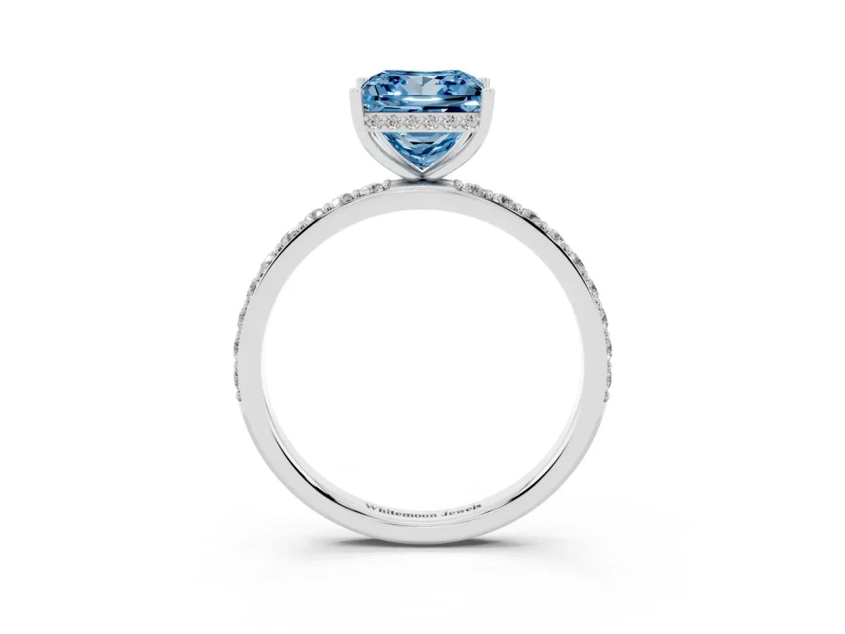 Fancy Blue Princess Cut Diamond Solitaire Ring with Pavé Band and Hidden Halo White gold