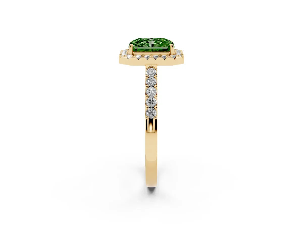 Fancy Green Radiant Cut Halo Diamond Pavé Solitaire Ring Yellow gold