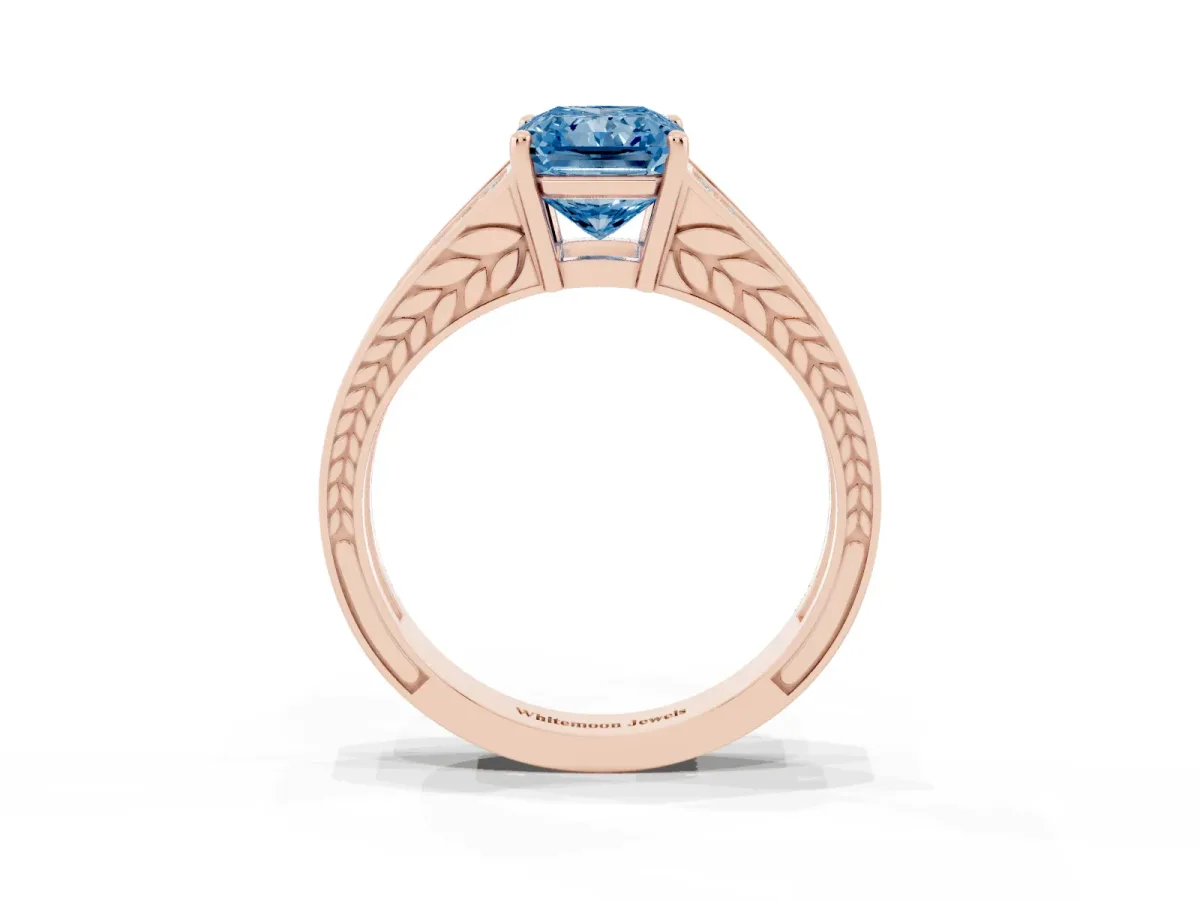 Fancy Blue Radiant Cut Diamond Split Shank Ring with Pavé Band and Four-Prong Setting Rose gold