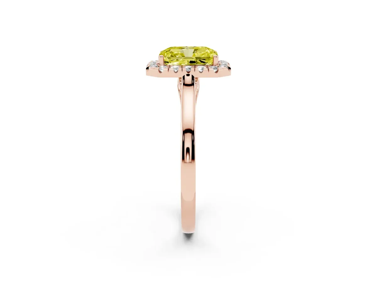 Fancy Yellow Radiant Cut Halo Round Diamond Solitaire Ring with Pavé Band and Four-Prong Setting Rose gold