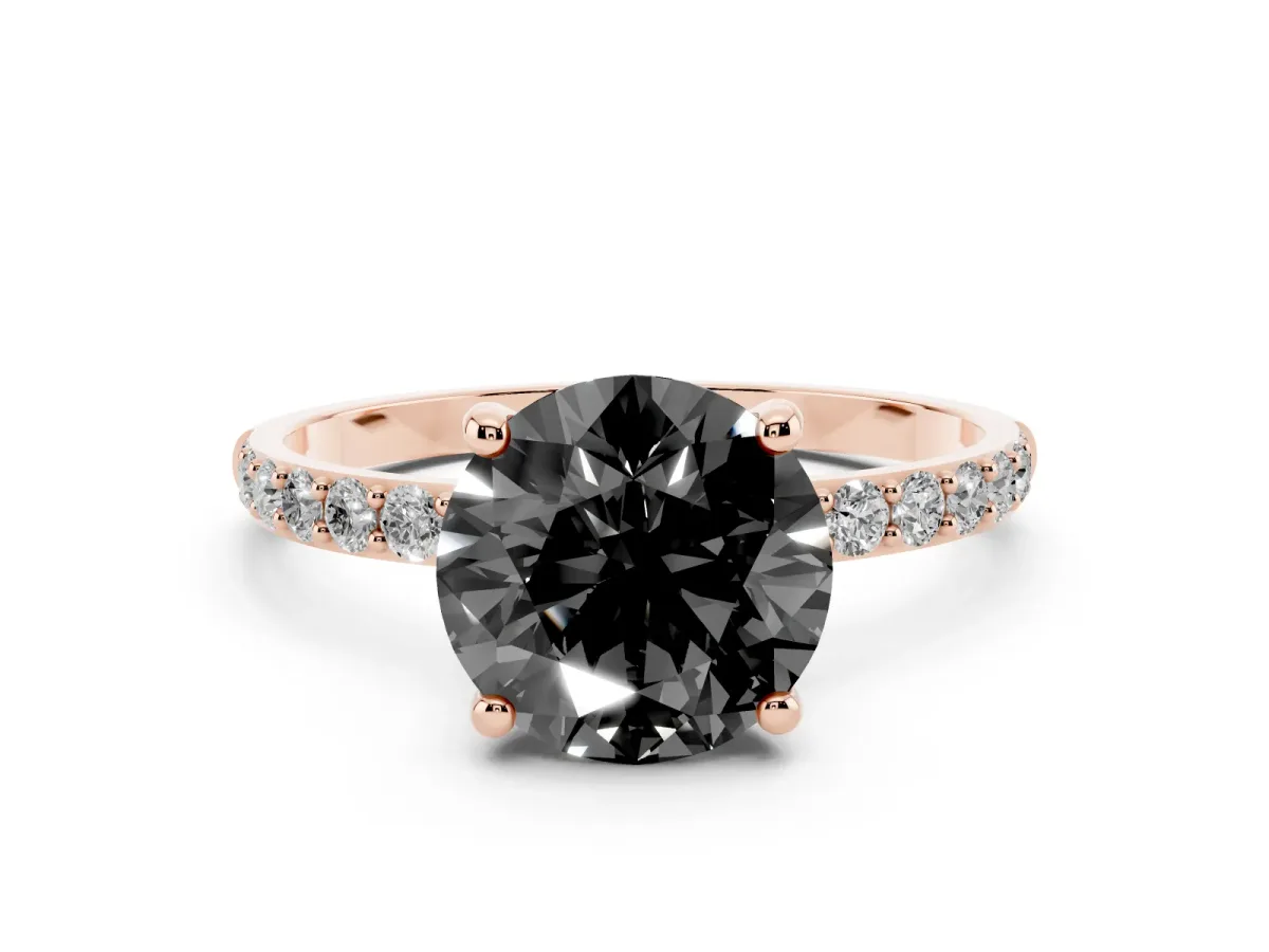 Fancy Black Round Cut Diamond Solitaire Ring with Round Pavé Band and Prong Setting Rose gold