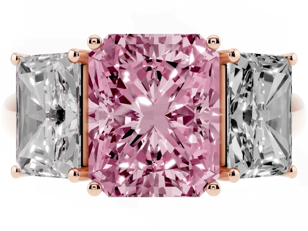 Fancy Pink Three-Stone Radiant Cut Diamond Engagement Ring with Prong Setting Rose gold