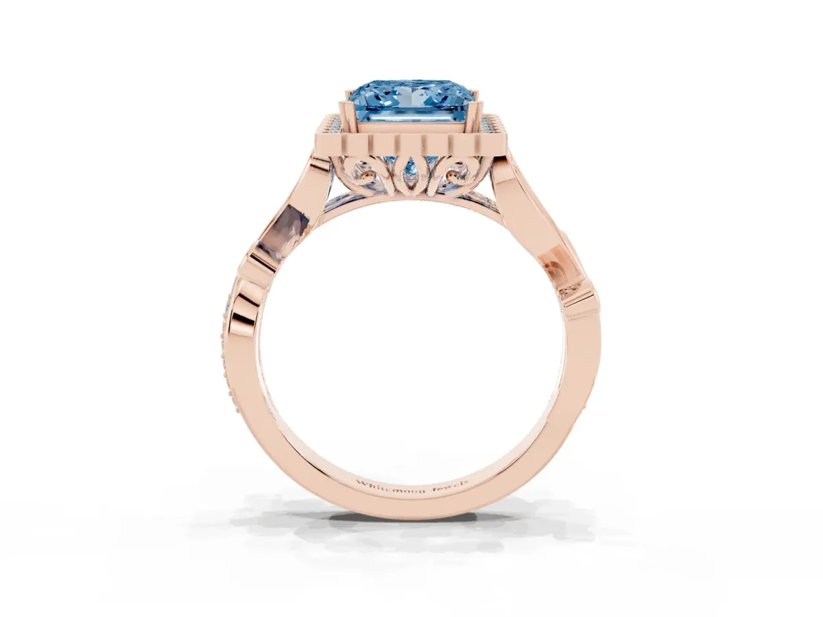 Fancy Blue Princess Cut Diamond Halo Ring with Vintage Split Shank and Four-Prong Setting Rose gold