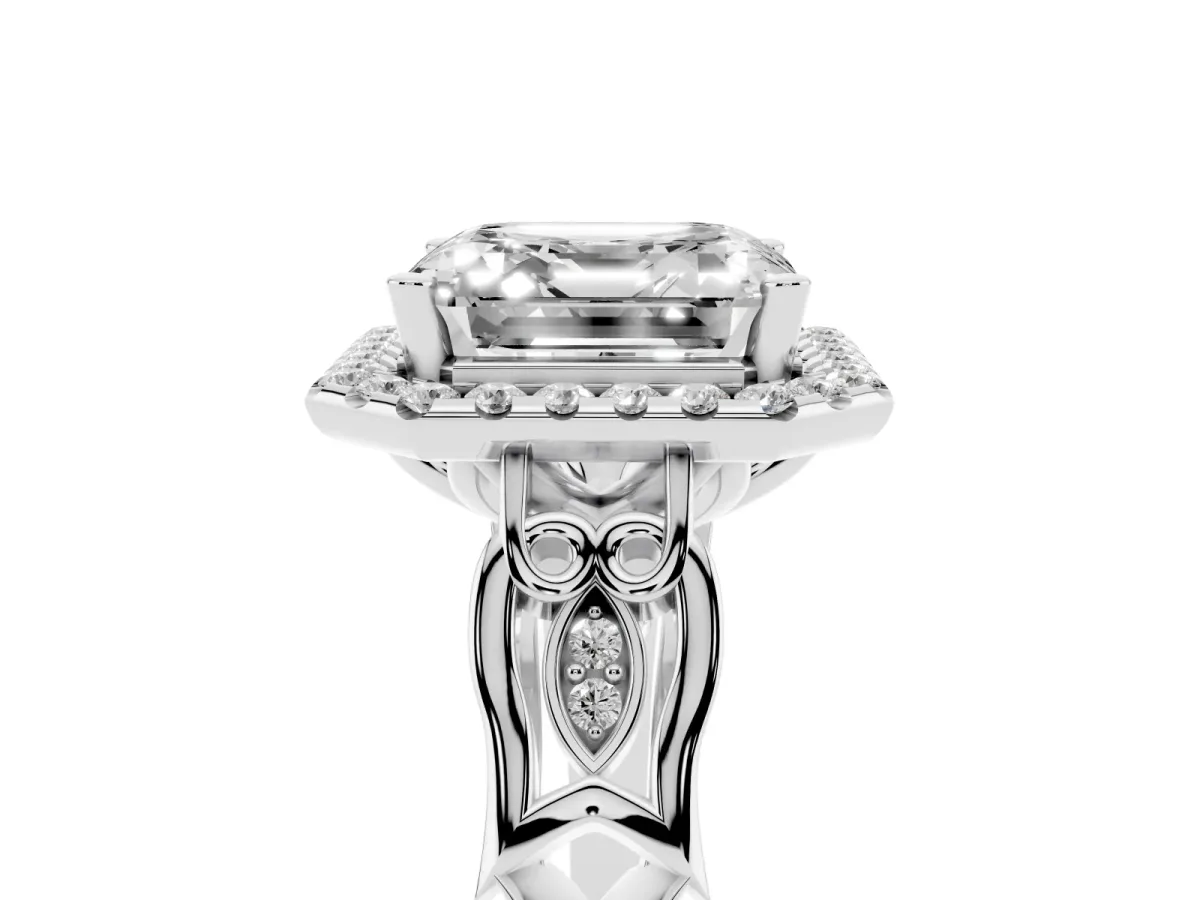 Asscher Cut Halo Diamond Engagement Ring with Filigree Band and Four-Prong Setting Platinum