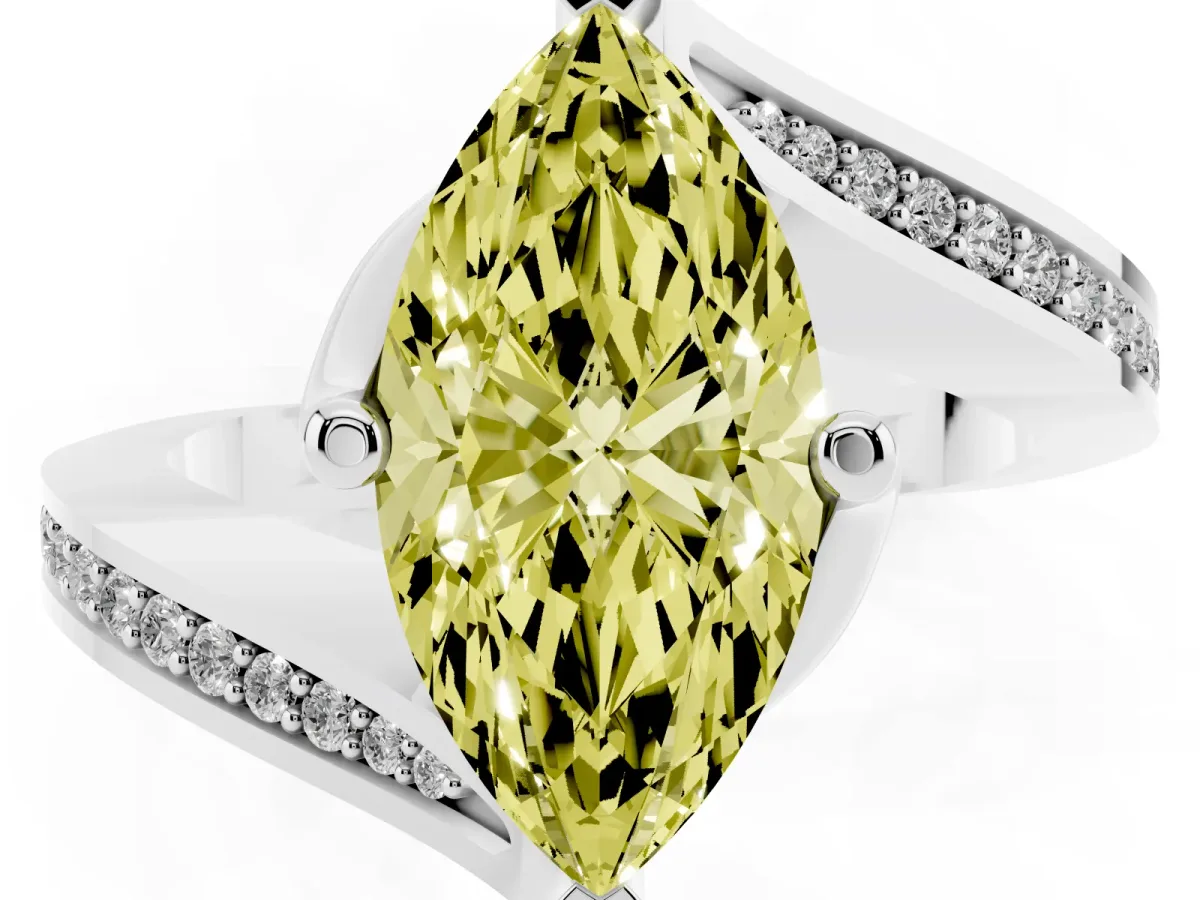 Fancy Yellow Marquise Cut Solitaire Diamond Twist Band with Pavé Setting and Four-Prong Setting Platinum