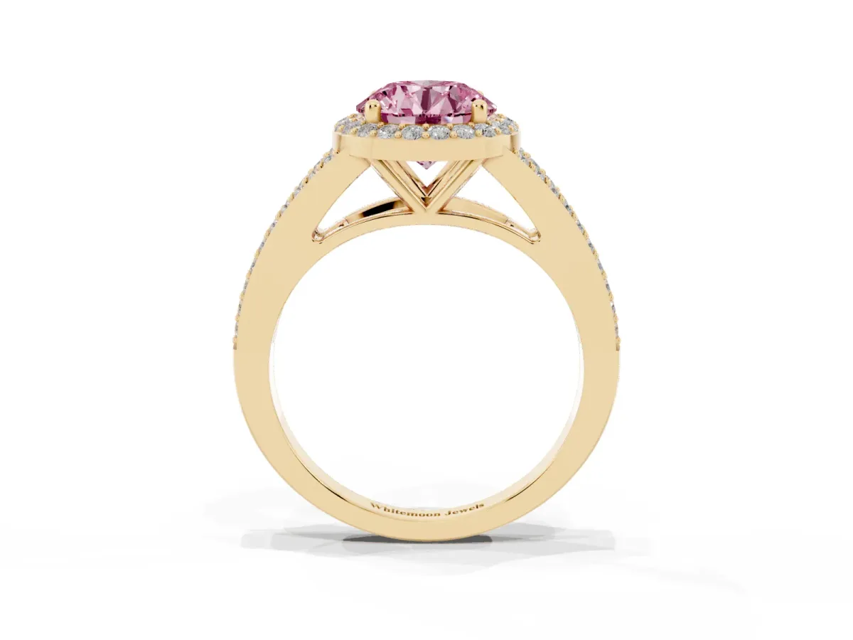 Fancy Pink Round Cut Halo Split Shank Pave Diamond Ring with Four-Prong Setting Yellow gold